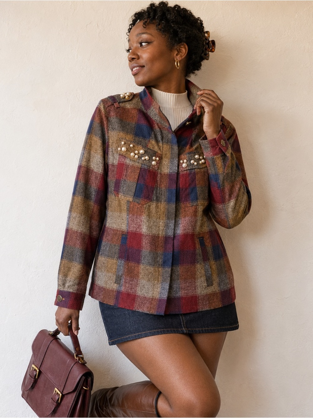 cabi Collage Jacket Plaid Pearl Embellished Zip Up Shacket Fall 2018 Medium